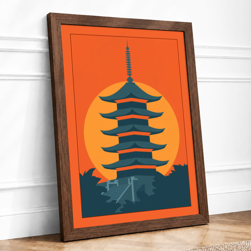 Pagoda at Sunrise Japandi - Framed Print, A2 - 59.4 x 42.0 cm, Walnut
