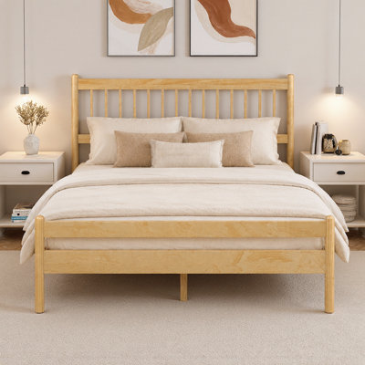 Hartland Queen Size Traditional Platform Bed with Windsor Headboard & Footboard, Solid Pine Wood Bed Frame with 9.8" Under-Bed Storage, Farmhouse Style Bedroom Furniture, 400 lb Capacity