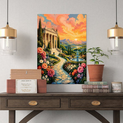 Canvas Wall Art Sunset Garden Path Classical Temple Fountain Vintage Poster Print Home Decor