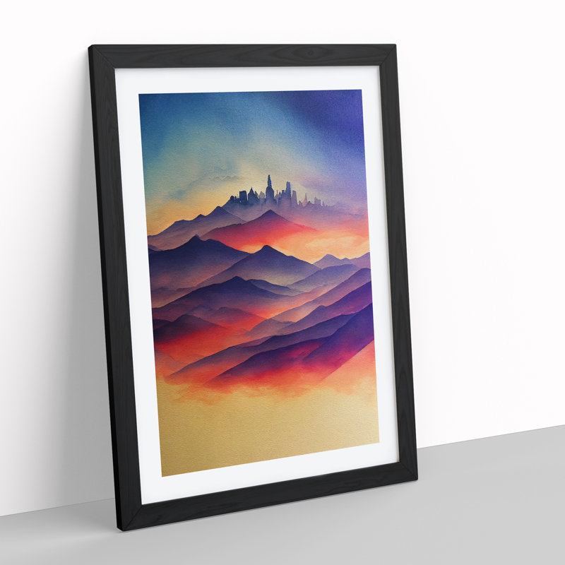 Watercoloured Mountain Landscape No.4 - Framed Print, 34cm H x 25cm W x 2cm D, Black Framed