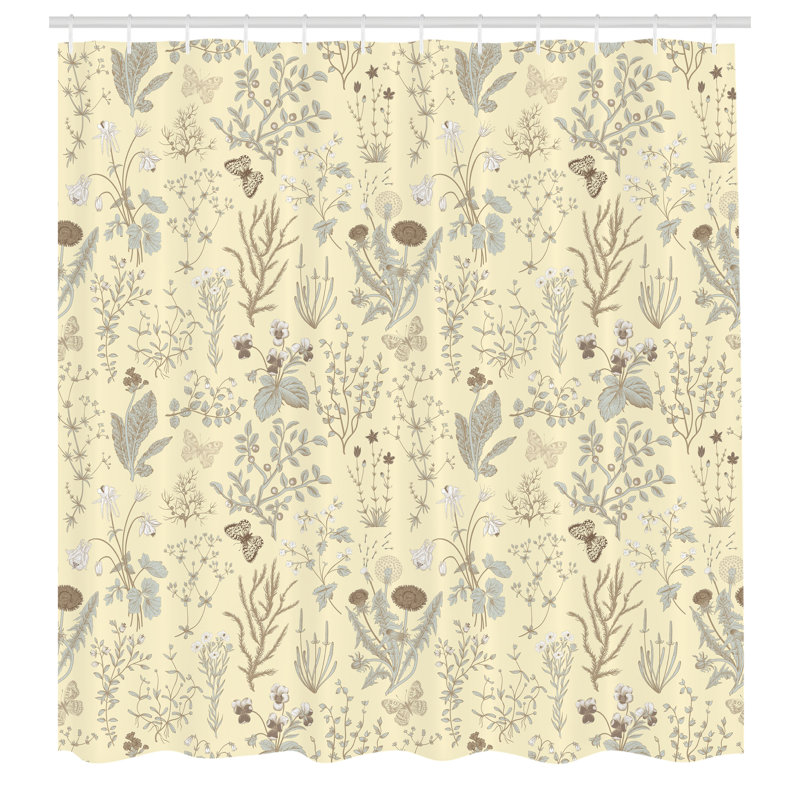 Cream Ecru Botanical Floral Fabric Shower Curtain with Hooks