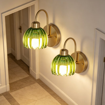 Cordless Rechargeable Wall Sconces Set of 2, Vintage Green Tulip Glass Lampshade, Battery Powered Wall Lamp with Remote Control, Dimmable RGB Color Changing Timer, for Bedroom Living Room Kitchen
