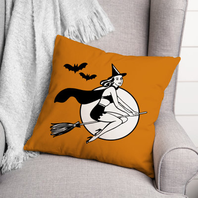  Retro Witch On Orange Throw Pillow