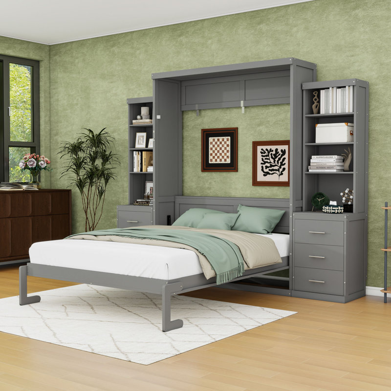 Lit escamotable multifonctionnel en bois avec tiroirs de rangement intégrés et tablettes robustes, Queen, Gray