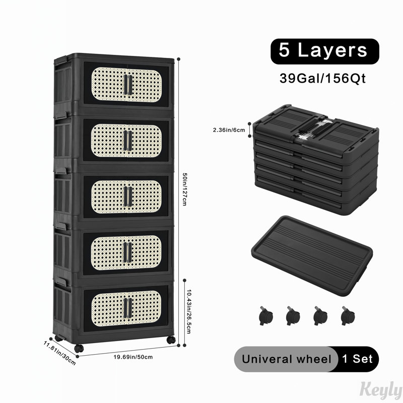 Armoire de rangement pliante en plastique 5 niveaux avec porte magnétique et roulettes, Noir / Noir