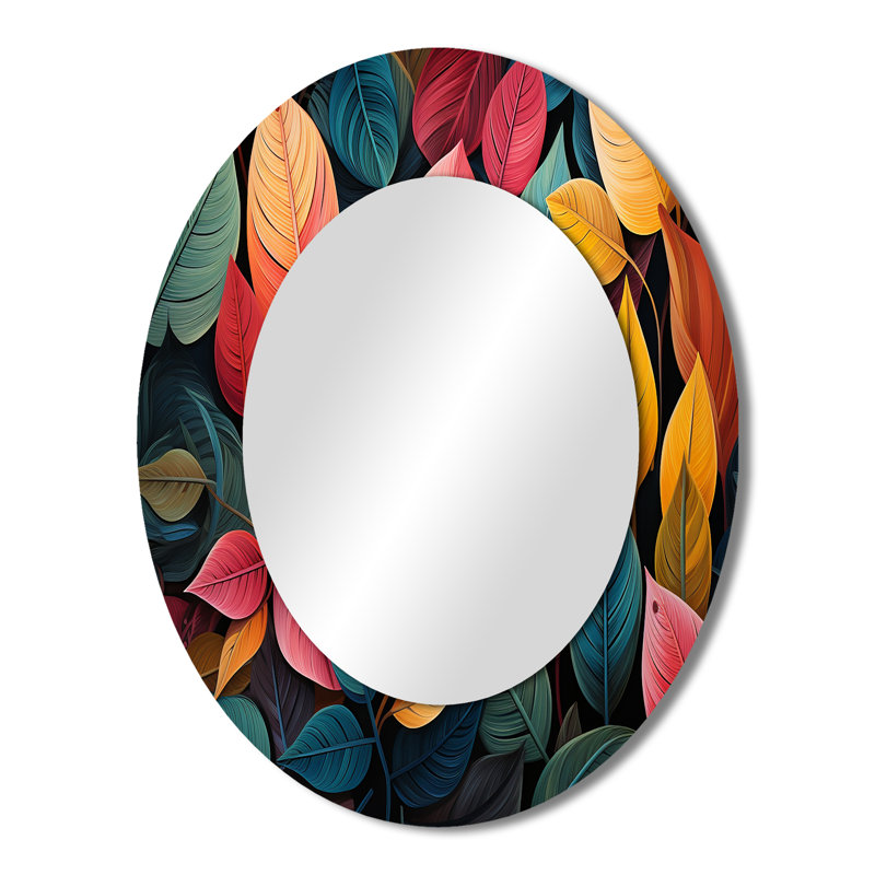 Abstrait feuilles sauvage collage - grand miroir mural ovale sur métal, 43 po x 33 po