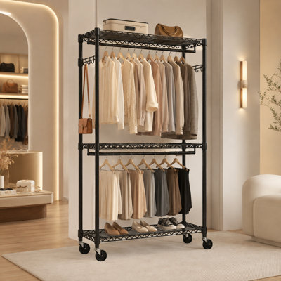 Heavy Duty Rolling Garment Rack, 45.2" Adjustable 3-Tier Wire Shelving Closet Organizer with 2 Hanging Rods, Side Hooks & Lockable Wheels, Black Finis