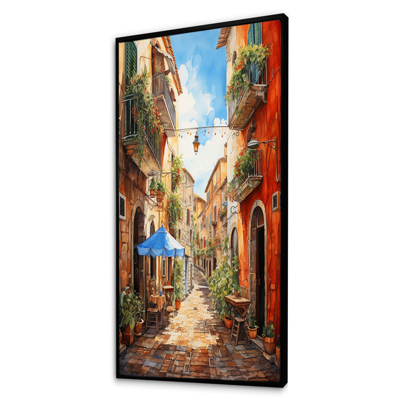 «Italian Village Essence 1», art mural Italie, Cadre flottant noir, H 60 po x l 28 po x P 1,5 po