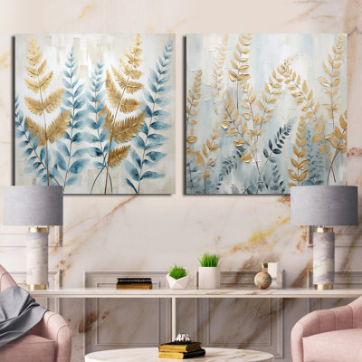 Blue and Golden Ferns Symphony - ensemble de 2 collages carrés de fougères