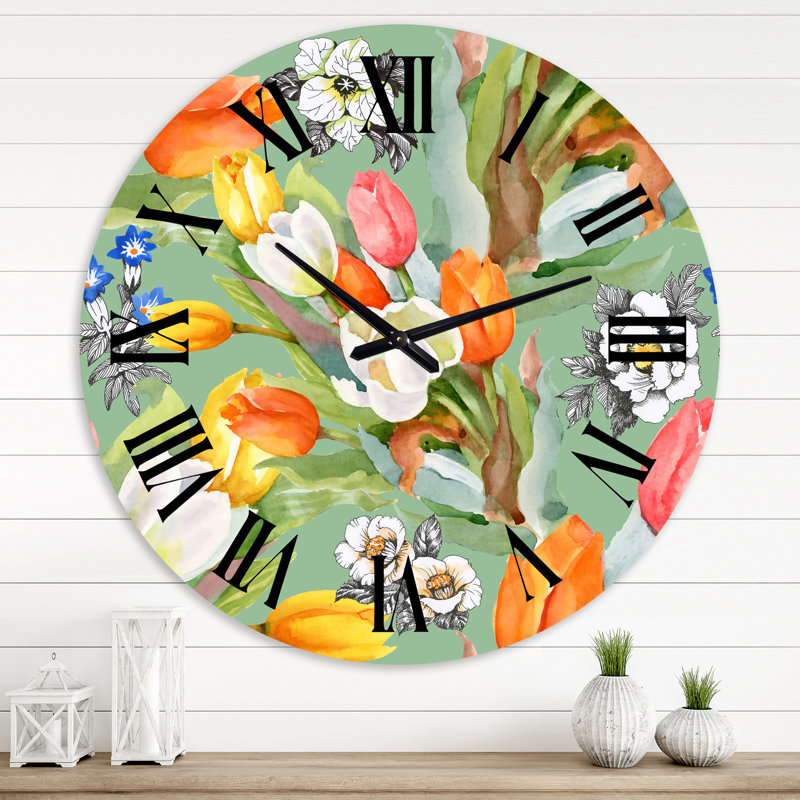 Blooming White And Orange Tulips III - Traditional Wall Clock, 29" H x 29" W x 1" D