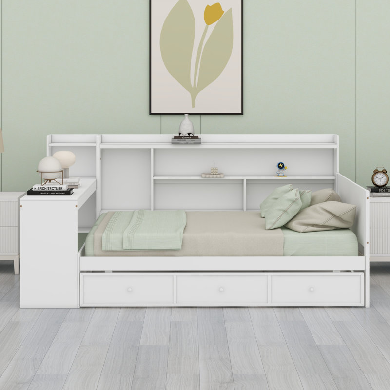 Lit de jour avec tiroirs, ports USB et bureau, Double, Blanc