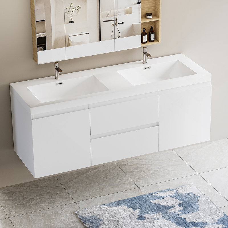 Meuble-lavabo flottant 60 po avec lavabo, meuble-lavabo mural moderne 60 po avec lavabo double en résine et deux tiroirs à fermeture en douceur, blanc brillant 24V11-60DGW