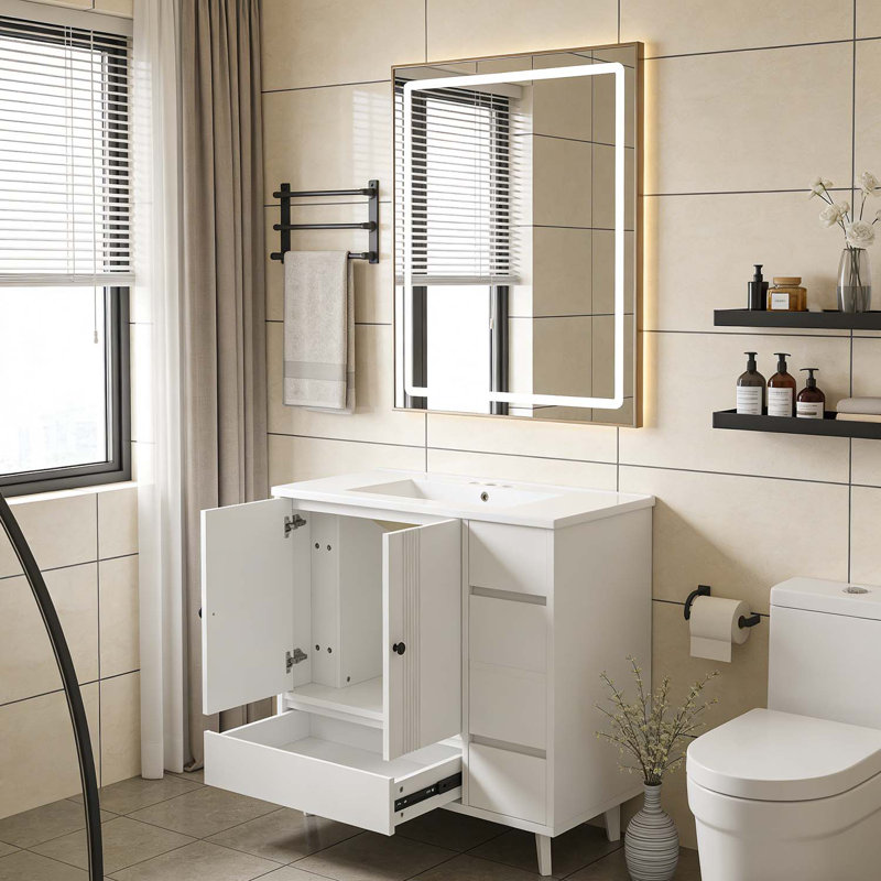 Meuble-lavabo 36 po avec lavabo 36 po, 4 tiroirs et support de rangement latéral, Blanc clair
