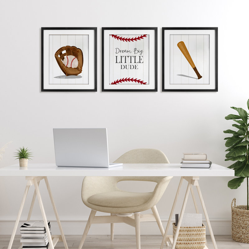 «Get Your Baseball Game On», ensemble de 3 pièces encadrées sous verre, design par Christine Simpson Art, Cadre noir minuit
