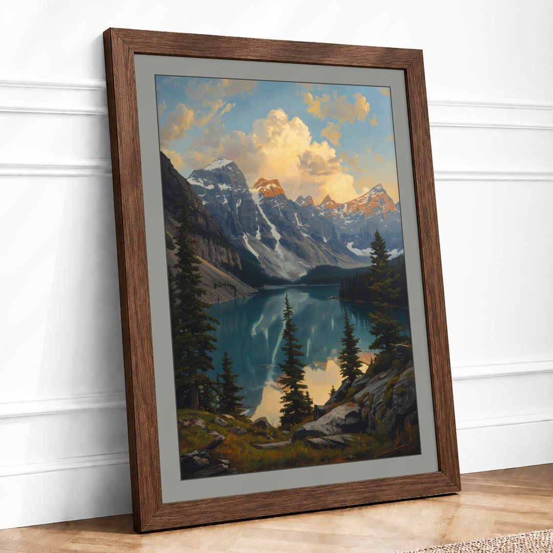Alpine Lake at Sunrise Scandinavian - Framed Print