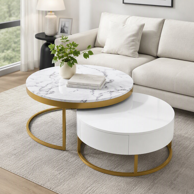 Table basse gigogne ronde moderne avec tiroirs, blanche