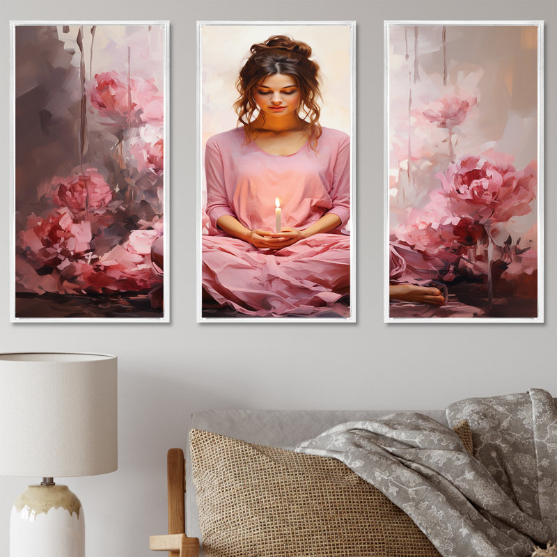 «Pink Yoga Mediation» - ensemble de reproductions d'art mural, Cadre flottant blanc, H 40 po x l 60 po x P 1 po