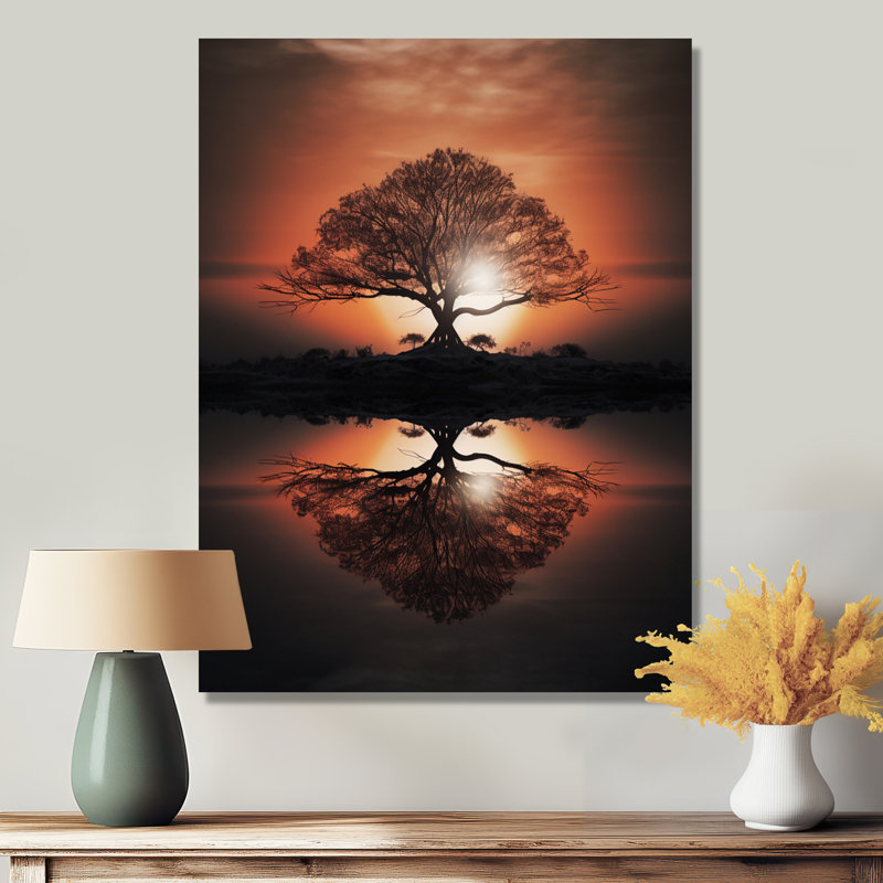 Silhouette d'un arbre majestueux sur un lac - art mural chêne, Toile tendue, H 32 po x l 24 po x P 1 po