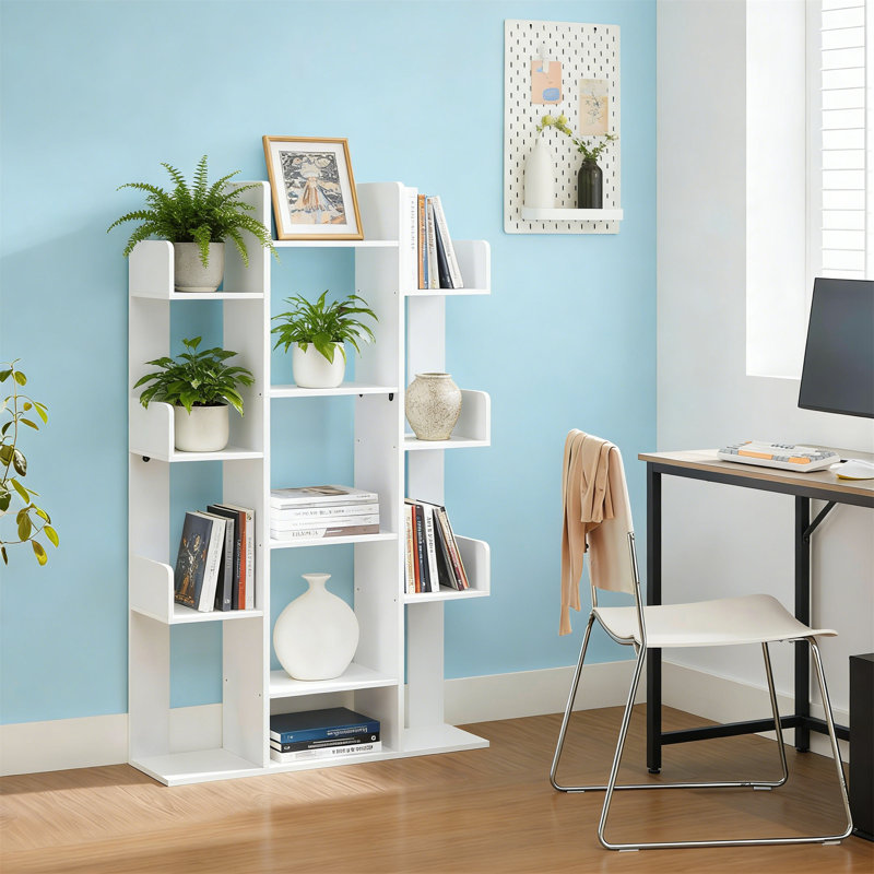 White Tree-Shaped Bookcase With 13 Storage Shelves, Rounded Corners Bookshelf, ‎White