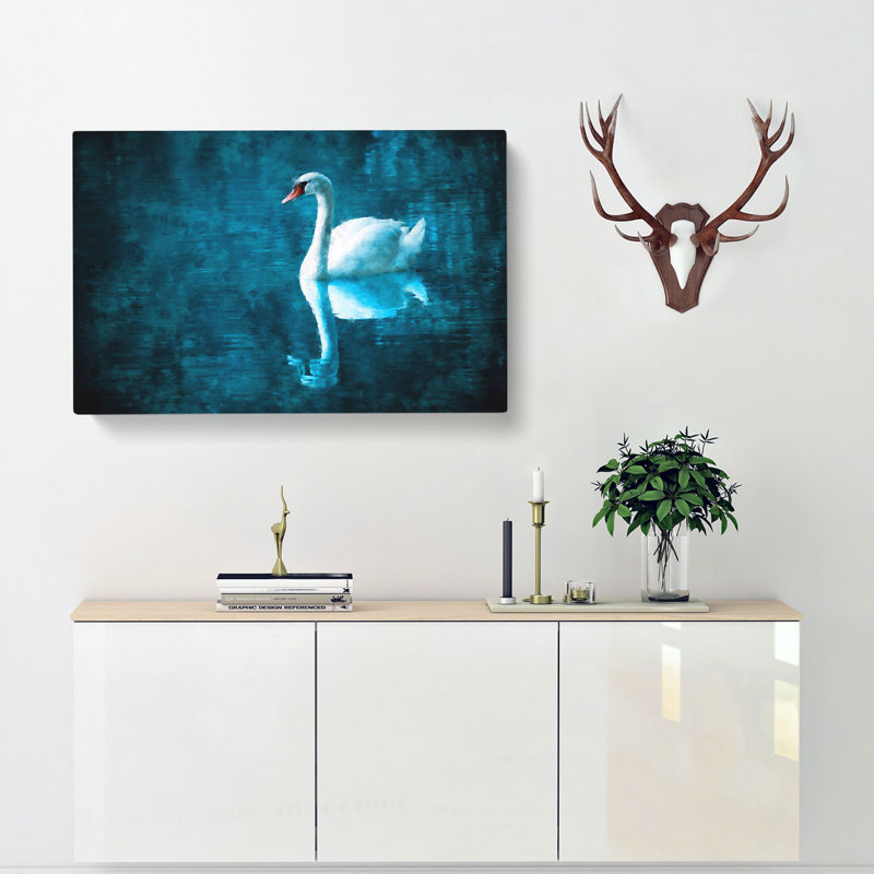 White Swan On A Blue Lake - Wrapped Canvas Painting, 35cm H x 50cm W x 3cm D