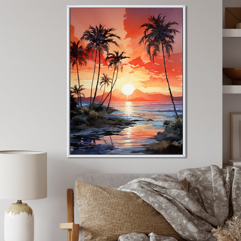 Impression sur toile Twilight Tropical Tranquility Sunset - Palmiers et palmiers, Cadre flottant blanc