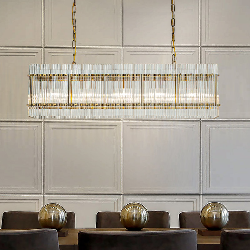 Longinus 38'' 5-light Modern Antique Gold Rectangular Dining Chandelier With Fluted Glass Panel Shade