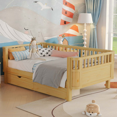 Lit plateforme en bois pour enfants, lit à profil bas en bois avec rails