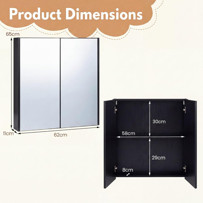 Medicine Cabinet with Mirror Double Door Wall Mounted Bathroom Cabinet Recessed or Surface Mount-Black