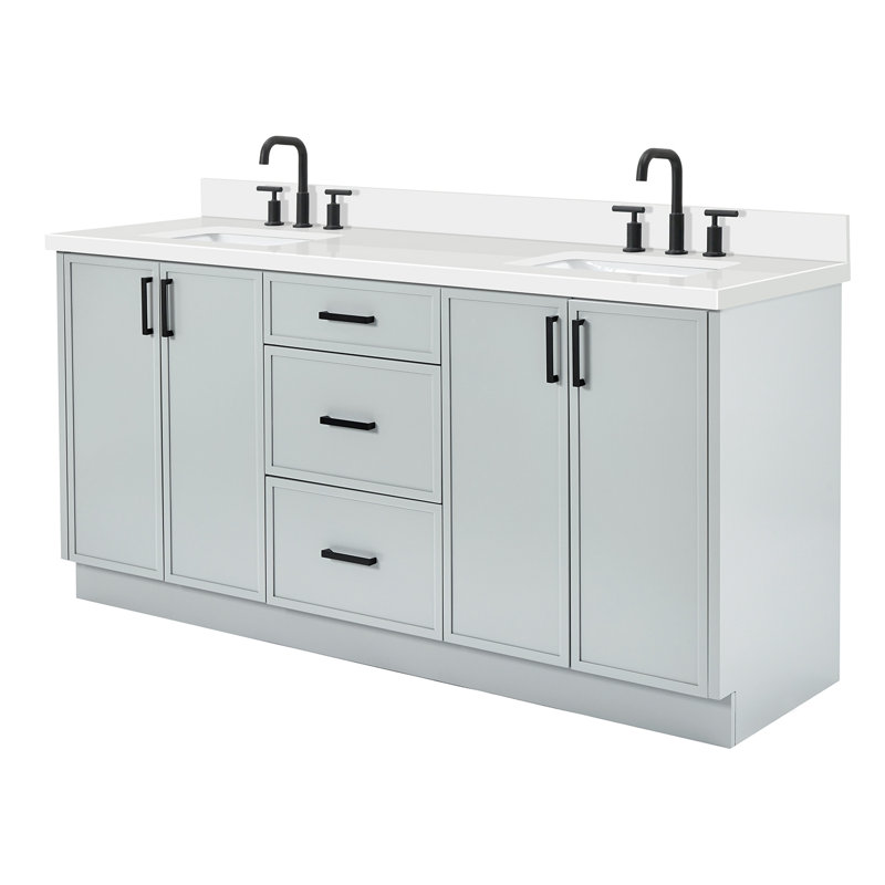 ARIEL Kelly 73 Double Sink Bathroom Vanity with Pure Quartz Top, Gray, Rectangular, Carrara White Quartz