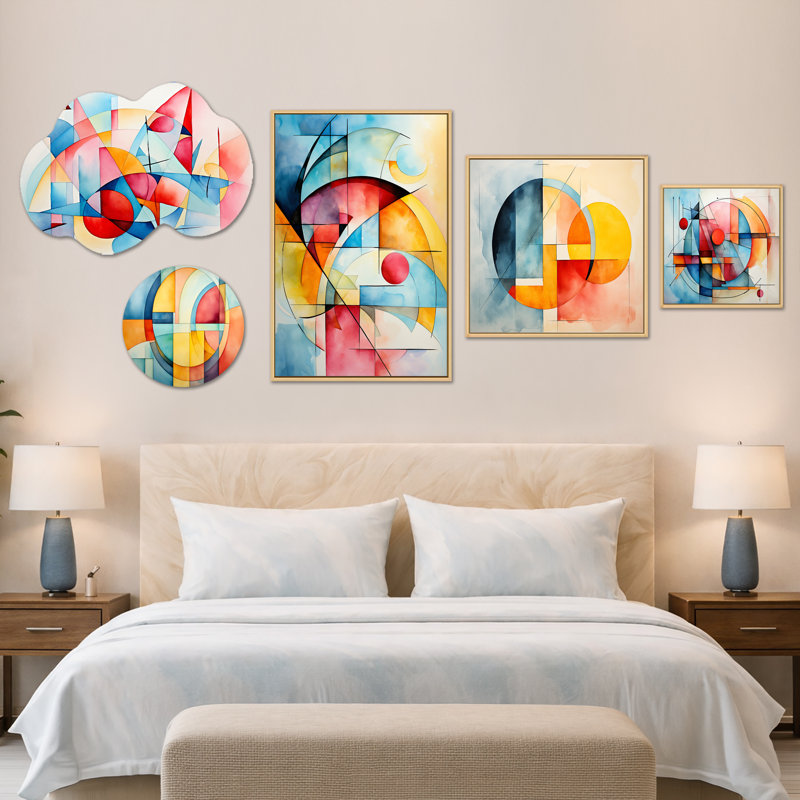 Cubes de couleur douce II - ensemble de 5 décorations murales abstraites surdimensionnées, toile et métal (100 po x 40 po)