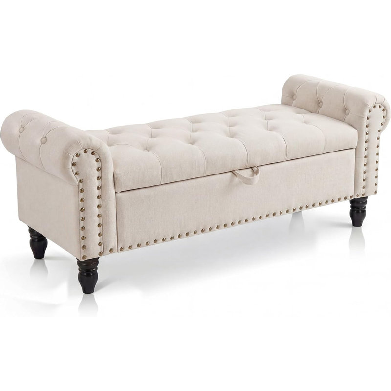 51" Upholstered Storage Bench with Button Tufting & Rolled Arms, Safety Hinge, Linen Ottoman for End of Bed, Entryway, Living Room, Closet