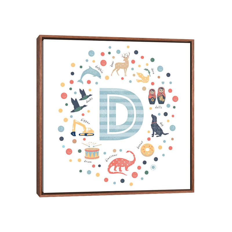 Lettre illustrée D bleue - impression, Pas de tapis, H 18 po x l 18 po x 1,5 po, Toile avec cadre brun