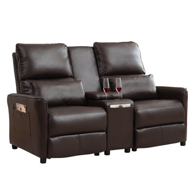 Manual Push Back Reclining Loveseat Sofa With Cup Holders & Storage Console For Living Room
