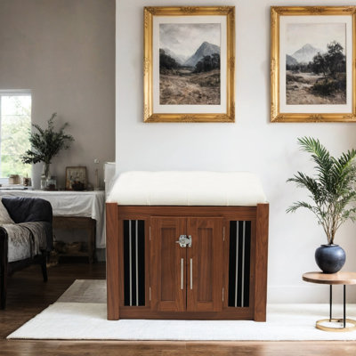 29.58"L Dog Crate With Removable Cushion And Sliding Barn Door, Walnut Color, 2 In 1 Design, End Of Bed Bench , For Indoor Use, Multi - Functional, Comfy Seating, Metal Buckles, Movable Base