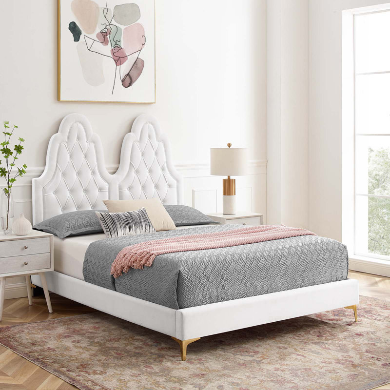 Lit plateforme en velours Alexandria, Simple, Blanc