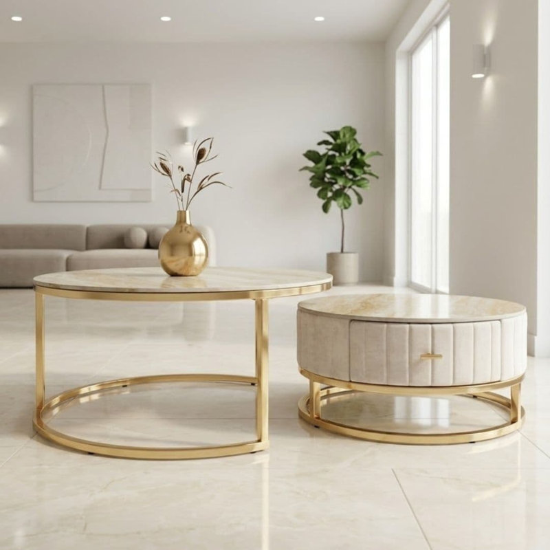 Living Room Table Set, Cream Top/Gold Base
