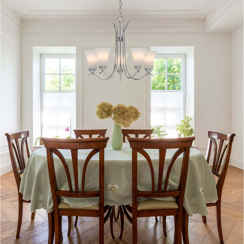 Lustre traditionnel d'intérieur en nickel poli 5 lumières avec abat-jour en verre givré blanc Elijualwon
