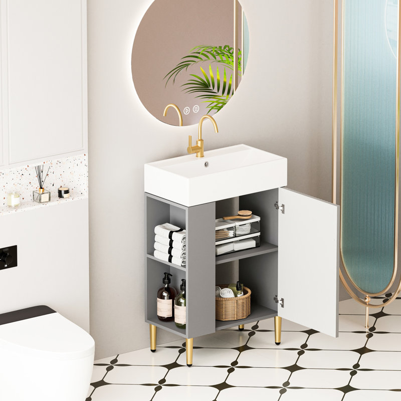 Meuble-lavabo de 21,6 po avec finition grise, lavabo en céramique, porte à fermeture en douceur, tablettes ouvertes, matériau, entretien facile avec accents en cuivre brossé à motif de vagues, armoires latérales, pour nettoyer la surface