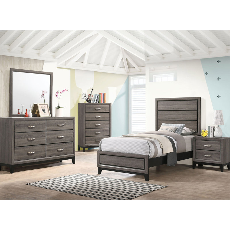 Chambre à coucher simple 5 pièces en chêne gris avec placage tridimensionnel, attrait anglais et moderne, lit, table de chevet, commode, miroir, commode transitionnelle avec construction, visuel,