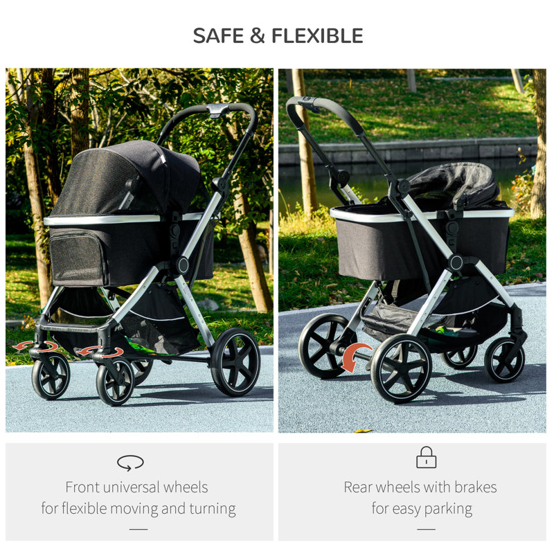 PawHut Black Aluminum 3-in-1 Pet Stroller with Storage Basket