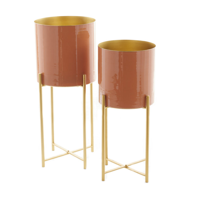 2 Piece Metal Indoor Outdoor Planter with Removable Stand Set, Orange