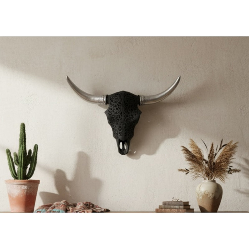 Décoration murale rustique crâne de taureau noir Southwestern