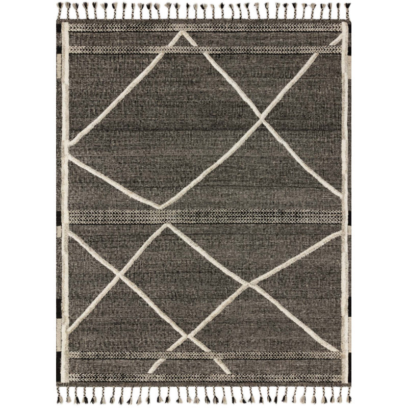 Tapis beige / noir en laine noué à la main, Rectangle 9 pi 6 po x 13 pi 6 po
