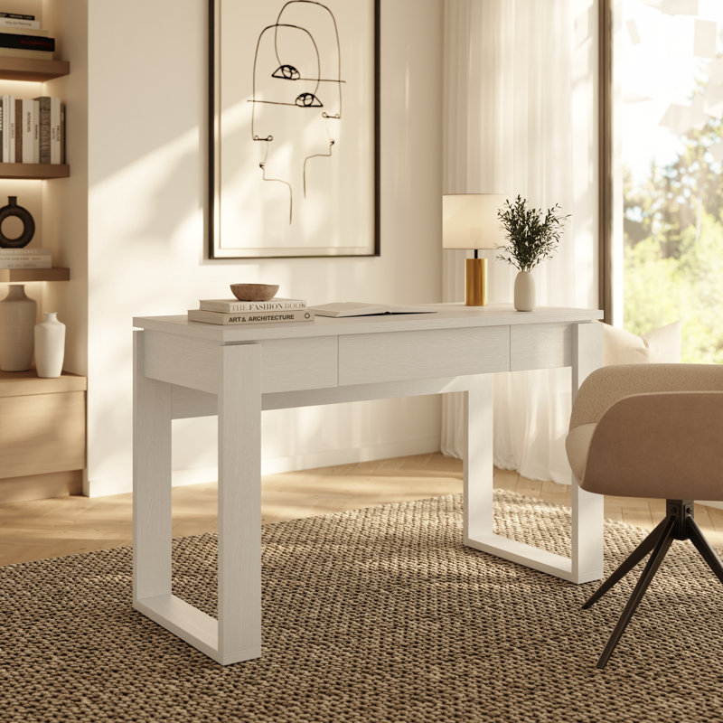 Bureau compact Solen, grain de bois blanc, Blanc