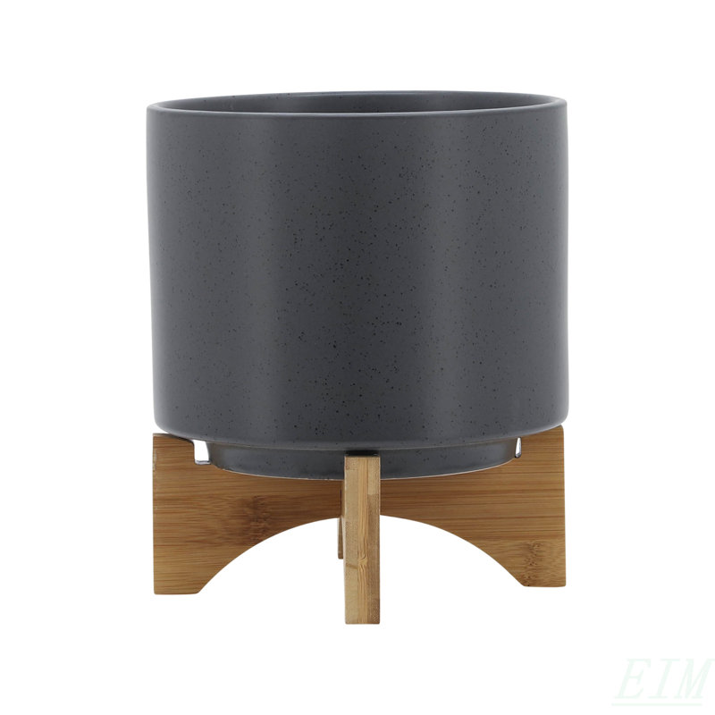 8" Planter W/ Wood Stand, Matte Gray, 9.08" H x 8.08" W x 8" D