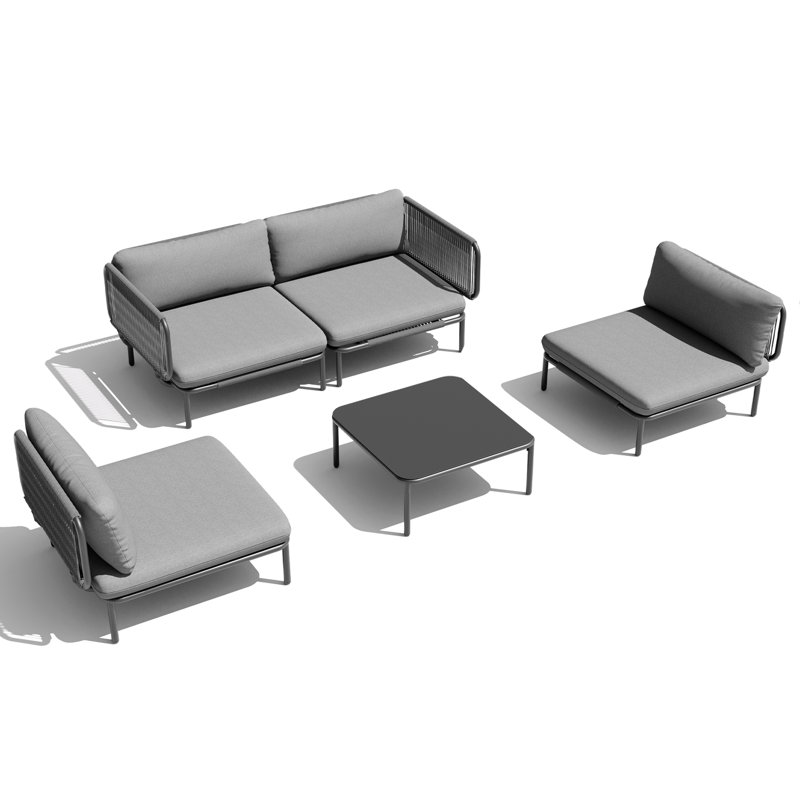 Outdoor Sofa Set, 5Pcs: Table, 2 Arm Chairs, 2 Armless Chairs, Gray, Black