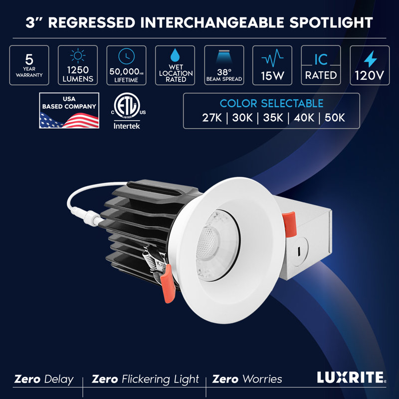 LuxRITE 3 po Projecteur à DEL sans cadre régressé + garniture ronde blanche, 5CCT, Twist N 'Lock, 15W, 1250LM, faisceau à intensité variable 38 ° CRI90, IC et Wet évalué ETL