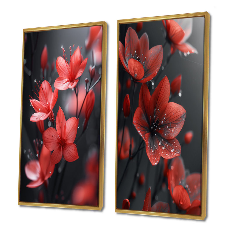 Ensemble de 2 fleurs monochromes rouges et noires d'hiver I - Flowers, H 28 po x l 24 po, Cadre flottant doré