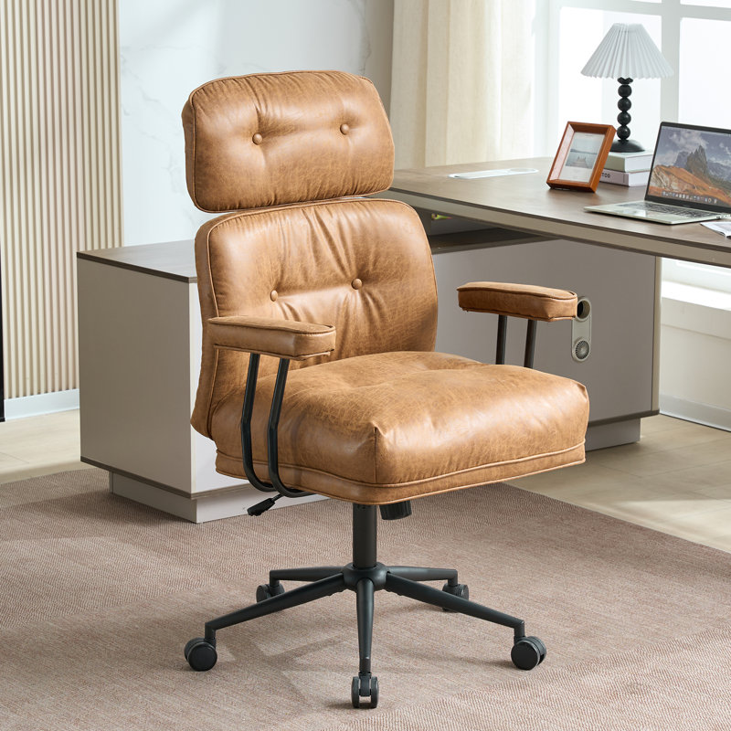 Big and Tall Executive Chair with Adjustable Headrest, High Back Mid Century Modern Desk Chair Faux Leather Home Office Chair with Thickened Cushions,Brown