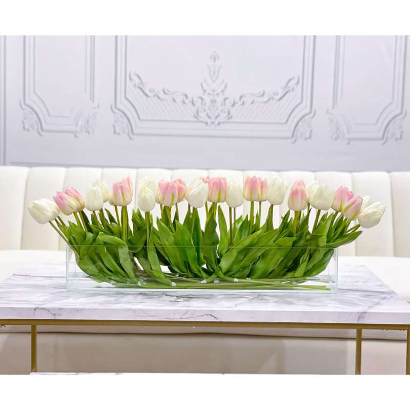 28 Inches Modern Long Pink/White Real Touch Tulip Stems - Faux Floral Luxury French Table Décor